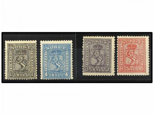 * NORUEGA. Mi. 11, 13a, 14b, 15a. 1867. 1 sk. grey, 4 sk. bl