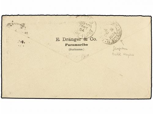 ✉ SURINAM. 1894. PARAMARIBO a FRANCIA. 25 cts. azul, marca S