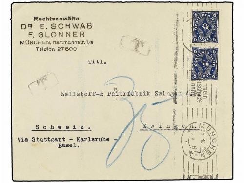 ✉ SUIZA. 1922. MUNCHEN to ZWINGEN with 6 Mk. blue on back sw