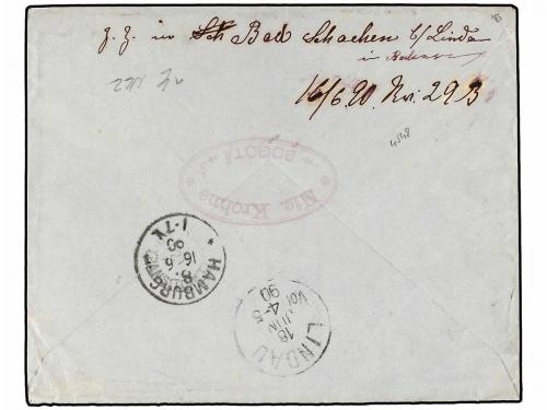 ✉ COLOMBIA. 1890. BOGOTA a HAMBURGO. 5 ctvos. azul (2), fech