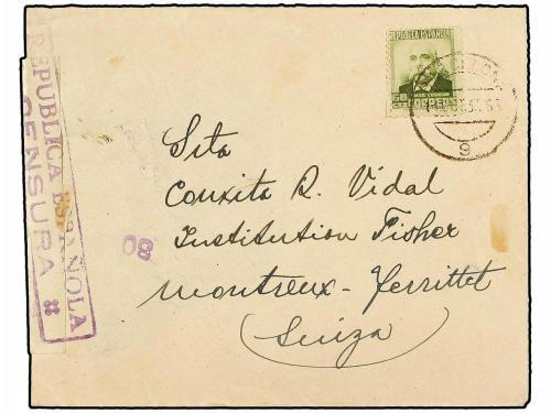 ✉ ESPAÑA GUERRA CIVIL. 1937. BARCELONA a SUIZA. 60 cts. oliv