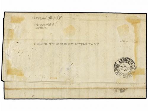 ✉ ESPAÑA. Ed. 138. 1874. CÁDIZ a NEW YORK. 1 pta. gris. Raro