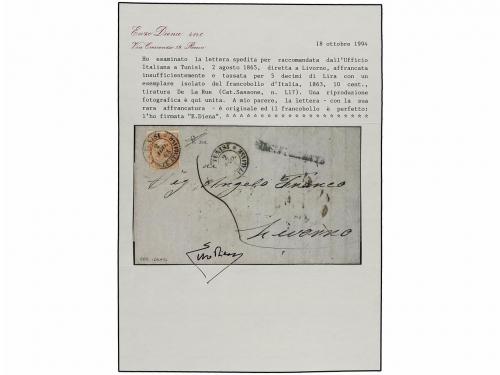 ✉ TUNEZ. 1865. TÚNEZ a LIVORNO. 10 cts. ocre emisión De la R