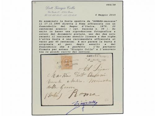 ✉ ERITREA. 1890. ASMARA a ROMA. 20 cts. naranja. Mat. ASMARA