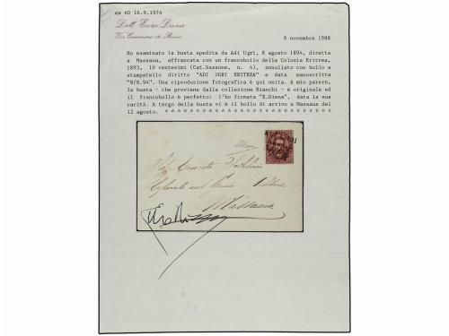 ✉ ERITREA. Sa. 4. 1893. ADI UGRI a MASSAWA. 10 cts. rojo. Ma