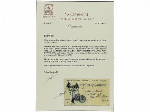 ✉ TURQUIA. Mi. 16a. 1913. LEBANON. Advertising envelope bear