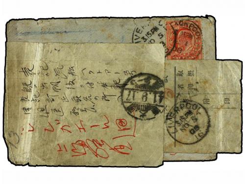 ✉ CHINA. 1908. Multi redirected cover from LIVERPOOL to CHIN