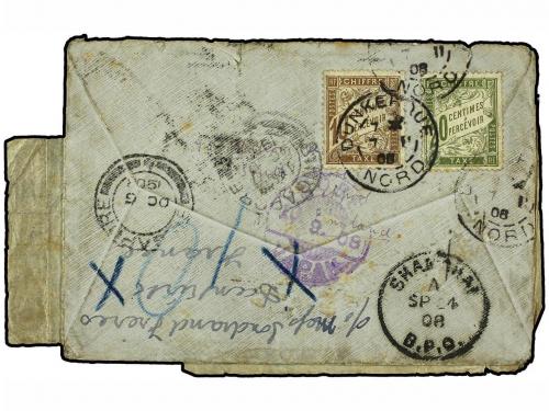 ✉ CHINA. 1908. Multi redirected cover from LIVERPOOL to CHIN