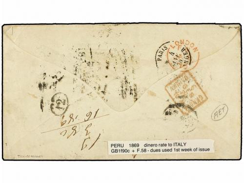 ✉ PERU. 1870. LIMA a GÉNOVA. 1 dinero verde, fechador LIMA/*