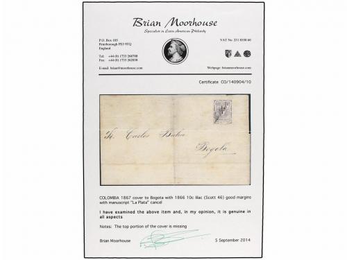 ✉ COLOMBIA. Sc. 46. 1867. LA PLATA a BOGOTÁ. 10 cent. lila, 