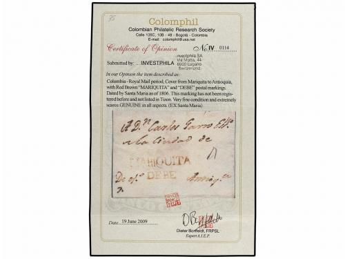 ✉ COLOMBIA. (1800 CA.). Sobre circulado a ANTIOQUIA. Marcas 