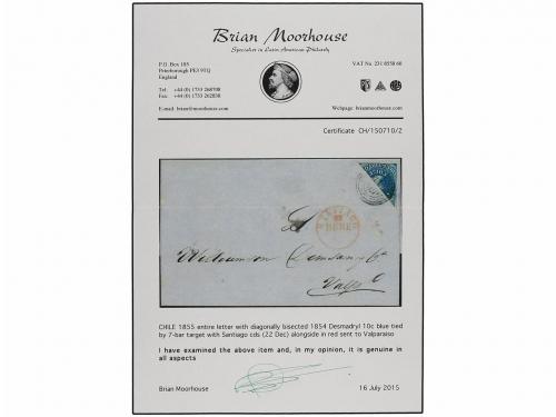 ✉ CHILE. Sc. 5d. 1855. SANTIAGO a VALPARAISO. 10 ctvos. azul