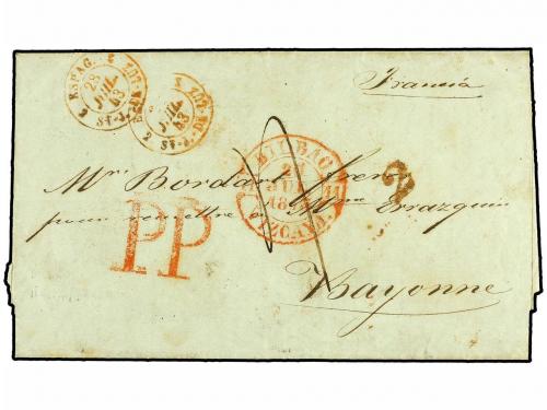 ✉ ESPAÑA: PREFILATELIA. 1843. BILBAO a BAYONA. Fechador de B