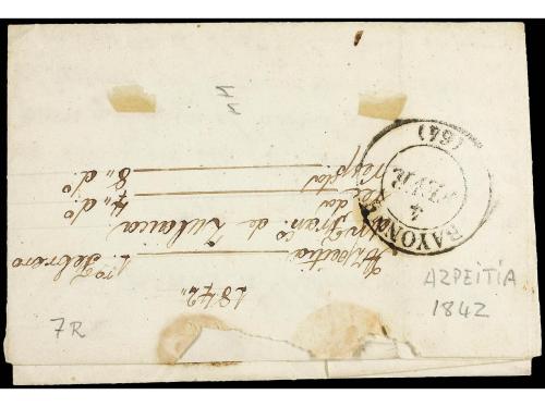 ✉ ESPAÑA: PREFILATELIA. 1842. AZPEITIA a BAYONA. Marca PAGO 