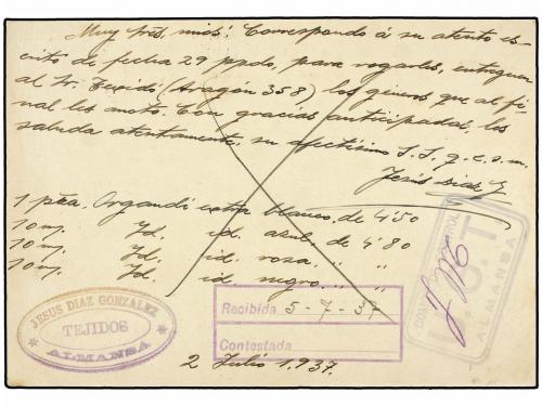 ✉ ESPAÑA GUERRA CIVIL. 1937. ALMANSA. Tarjeta postal circula