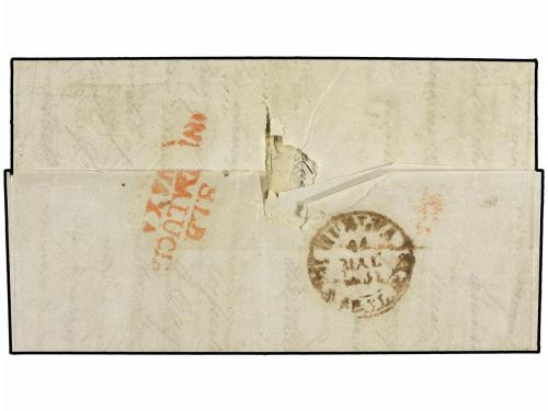 ✉ ESPAÑA. Ed. 7. 1851. CÁDIZ a HUELVA. 12 cuartos lila. Mat.