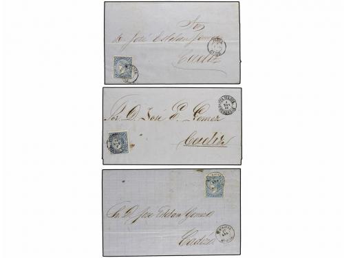 ✉ ESPAÑA. Ed. 75. 1865. 4 cuartos azul. 6 cartas con mat. fe
