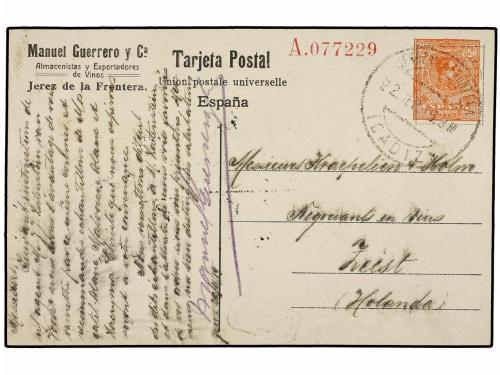 ✉ ESPAÑA ENTEROS POSTALES. 1919. JEREZ a HOLANDA. Tarjeta po