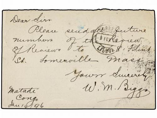 ✉ CONGO BELGA. 1896. MATADI to U.S.A. 10 cts. rose Postal St