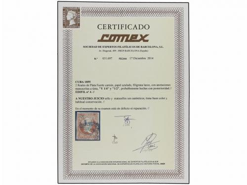 ° CUBA. Ed. 4. Y 1/4 s. 2 reales carmín, tipo I. Curiosa ind