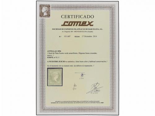 * CUBA. Ant. 5. 1 real verde amarillo, filigrana líneas cruz