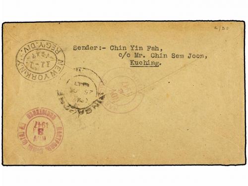 ✉ SARAWAK. 1947. KUCHING to USA. Nice franking, arrival on b