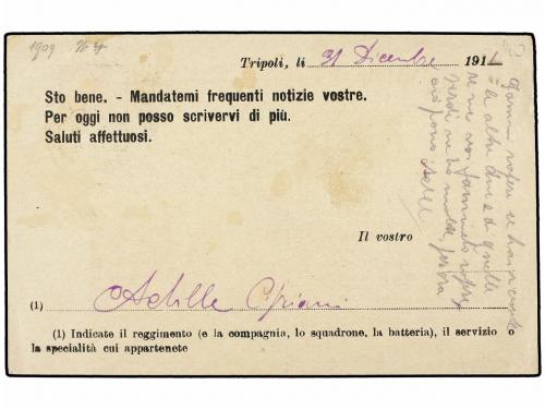 ✉ TRIPOLITANIA. 1912. TRÍPOLI a ITALIA. Entero Postal de 10 
