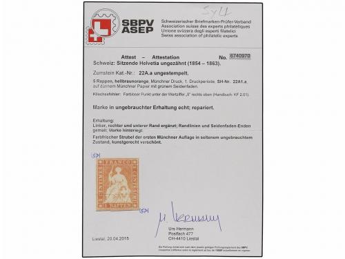 (*) SUIZA. Zu. 22Aa. 1854. 5 rp. orange brown. Nice appearen