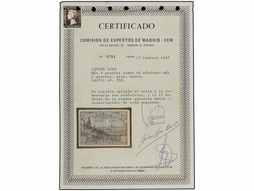 ** ESPAÑA. Ed. 759. Aéreo + 5 pts. LUJO. Cert. CEM. Cat. 900