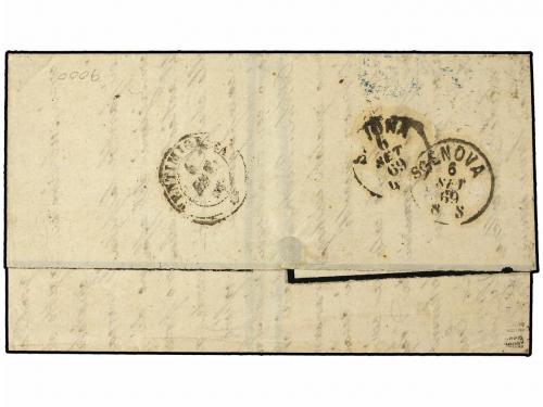 ✉ ESPAÑA. Ed. 100. 1869. BARCELONA a GENOVA. 200 mils. verde