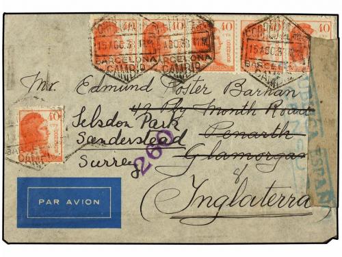 ✉ ESPAÑA GUERRA CIVIL. 1938. BARCELONA a INGLATERRA. 40 cts.