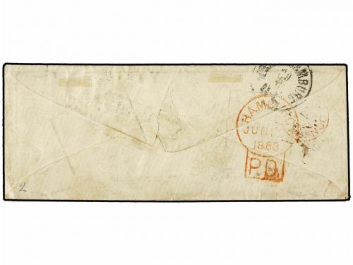 ✉ DINAMARCA. AFA. 3, 6, 8, 9. 1863. COPENAGUE a LONDRES. 2 s