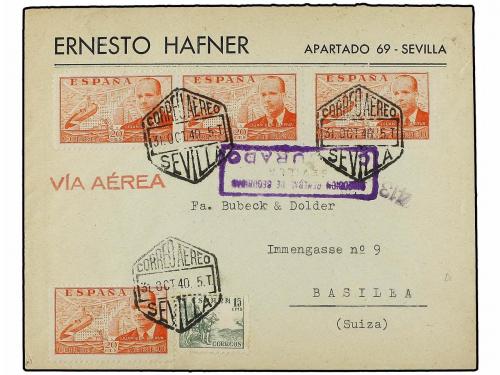 ✉ ESPAÑA. Ed. 940 (4), 941 (4), 918. 1940. SEVILLA a SUIZA. 
