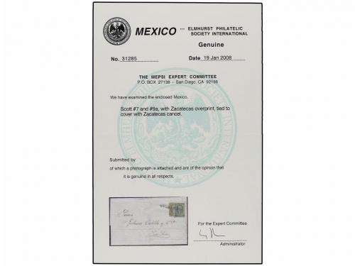 ✉ MEXICO. Sc. 7, 9a. 1861. 1r. black on green and vertically