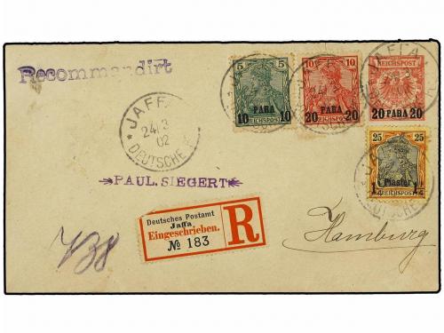 ✉ LEVANTE: CORREO ALEMAN. 1902. JAFFA a HAMBURGO. Sobre de 2