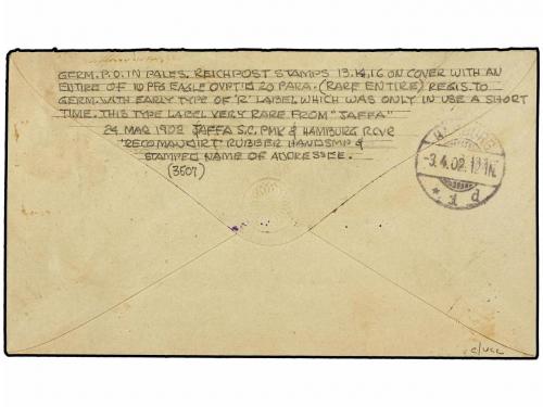 ✉ LEVANTE: CORREO ALEMAN. 1902. JAFFA a HAMBURGO. Sobre de 2