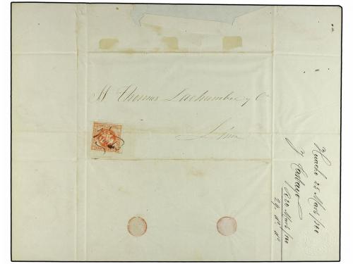 ✉ PERU. Yv. 5. 1860 (25 Marzo). HUACHO a LIMA. 1 peseta rojo