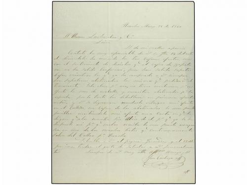 ✉ PERU. Yv. 5. 1860 (25 Marzo). HUACHO a LIMA. 1 peseta rojo