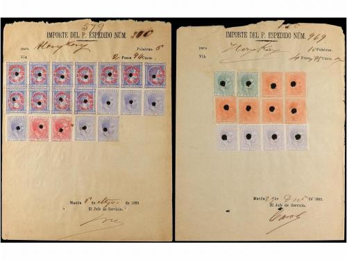 ✉ FILIPINAS. 1882-83. RECIBOS DE TELEGRAMAS. Conjunto de 4 t