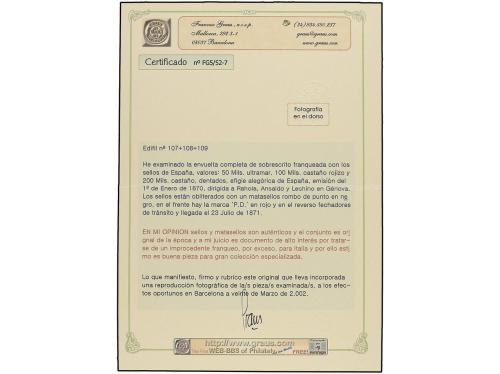 ✉ ESPAÑA. Ed. 107108109. 1871. FREIJO (Galicia) a GENOVA. 50