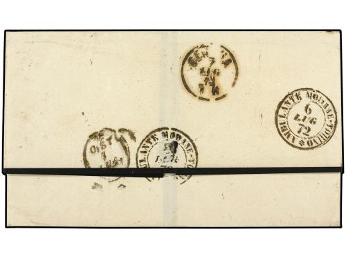 ✉ ESPAÑA. Ed. 107 (4). 1872. VALENCIA a GENOVA. 50 mils. azu