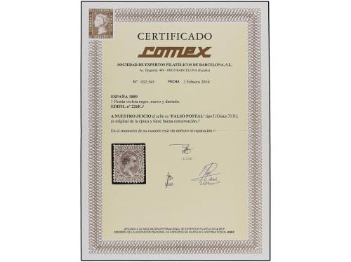 (*) ESPAÑA. Ed. 226F. 1 pta. violeta. FALSO POSTAL tipo I. R