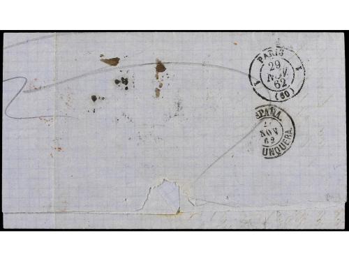 ✉ ESPAÑA. Ed. 59. 1862. BARCELONA a PARIS. 12 cuartos azul, 