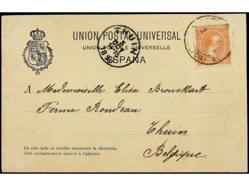 ✉ ESPAÑA. Ed. 218. 1899. VALENCIA a BÉLGICA. Tarjeta postal 