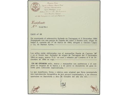 ✉ ESPAÑA. Ed. 68 (2). 1864. TARRAGONA a BUENOS AIRES (Argent