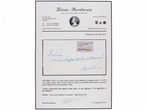 ✉ COLOMBIA. Sc. 69a. 1876. MEDELLIN a BOGOTÁ. 10 cents. lila