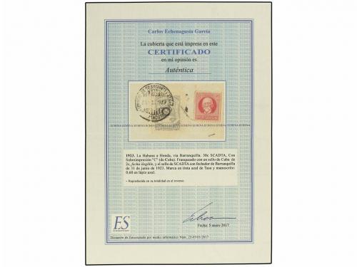 ¿ CUBA. 1929 (31-V). HABANA a HONDA vía BARRANQUILLA. Sello