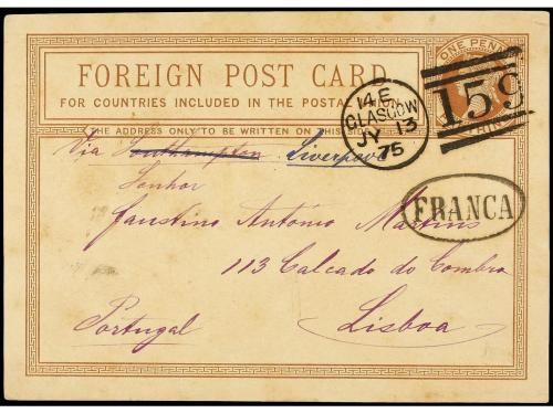 ✉ PORTUGAL. 1875. GLASCOW a LISBOA. Entero Postal de 1 p. ca