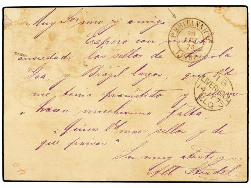 ✉ PORTUGAL. 1875. GLASCOW a LISBOA. Entero Postal de 1 p. ca