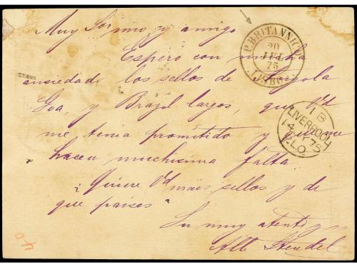 ✉ PORTUGAL. 1875. GLASCOW a LISBOA. Entero Postal de 1 p. ca